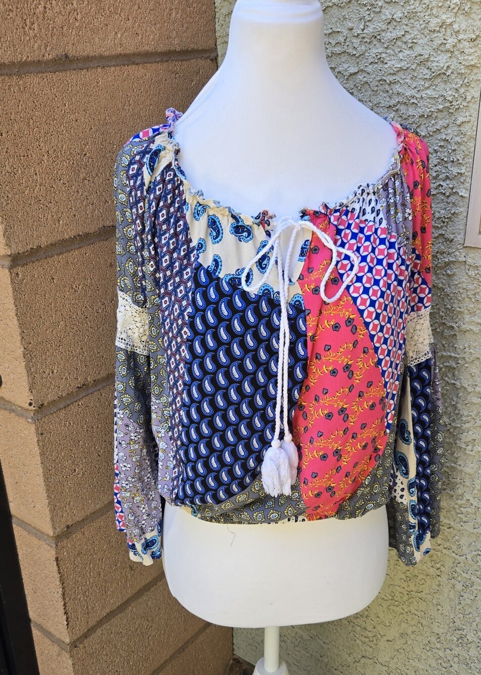 Cliche Boho Patchwork Peasant Top in Pink & Navy - Picture 1 of 8